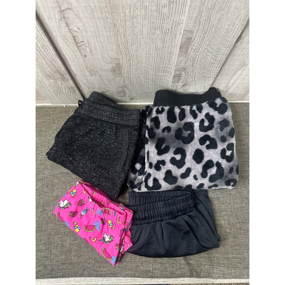 Girls Bottoms Bundle of 4 Justice Sleep Leopard Joggers Unicorn & Black Shorts